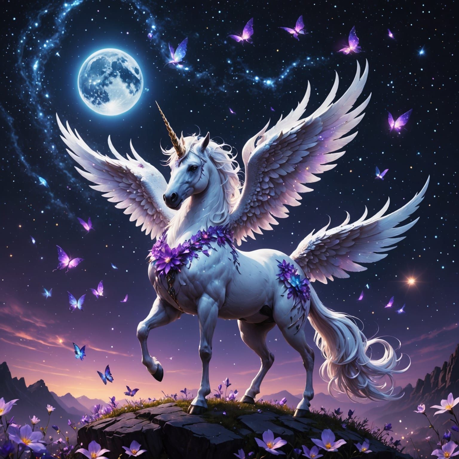 Celestial Alicorns Amidst a Blooming Night Sky in Dreamlike...