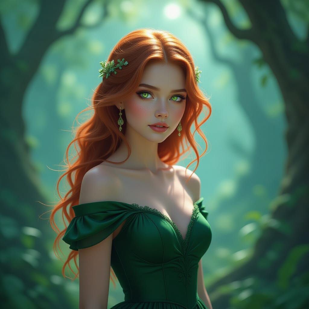 Mystical Forest Seer with Glowing Eyes in Elegant Dress