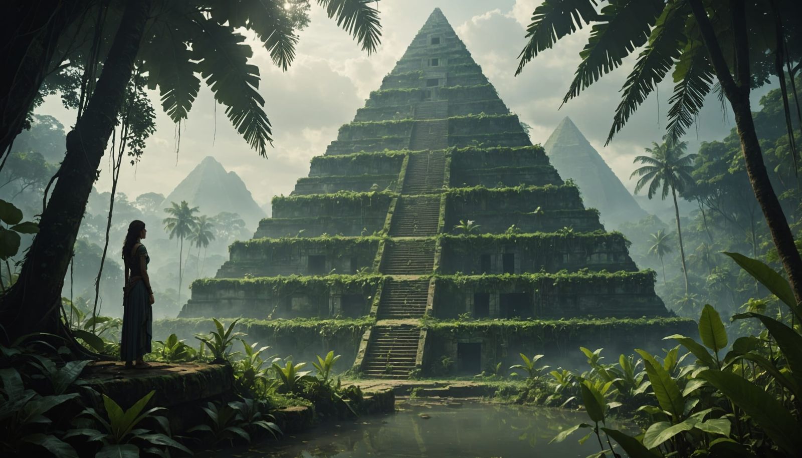 Ethereal Woman Gazes at Misty Jungle Pyramid