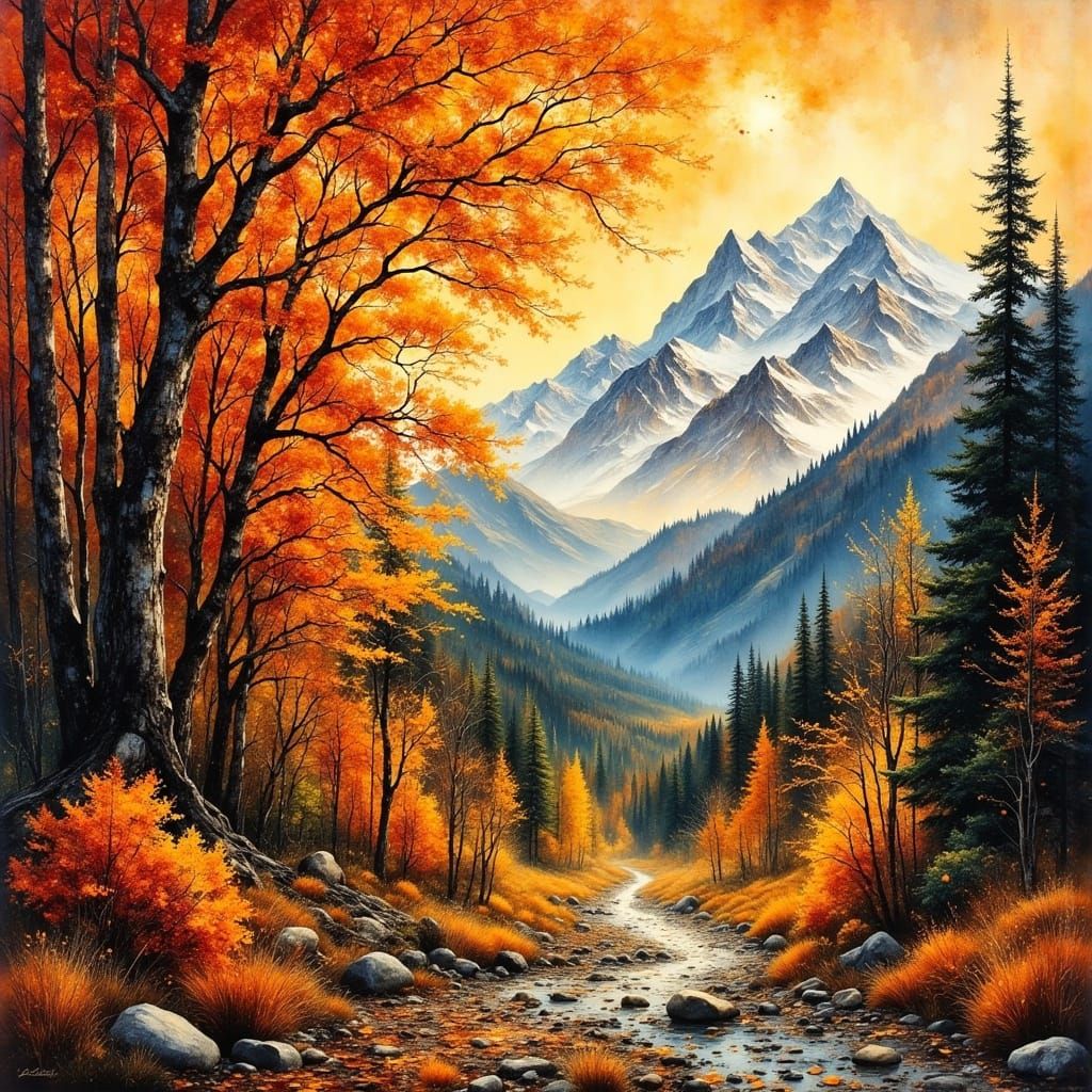 Autumn Leaves Swirl in Mountain Landscape, Impasto Oil Paint...