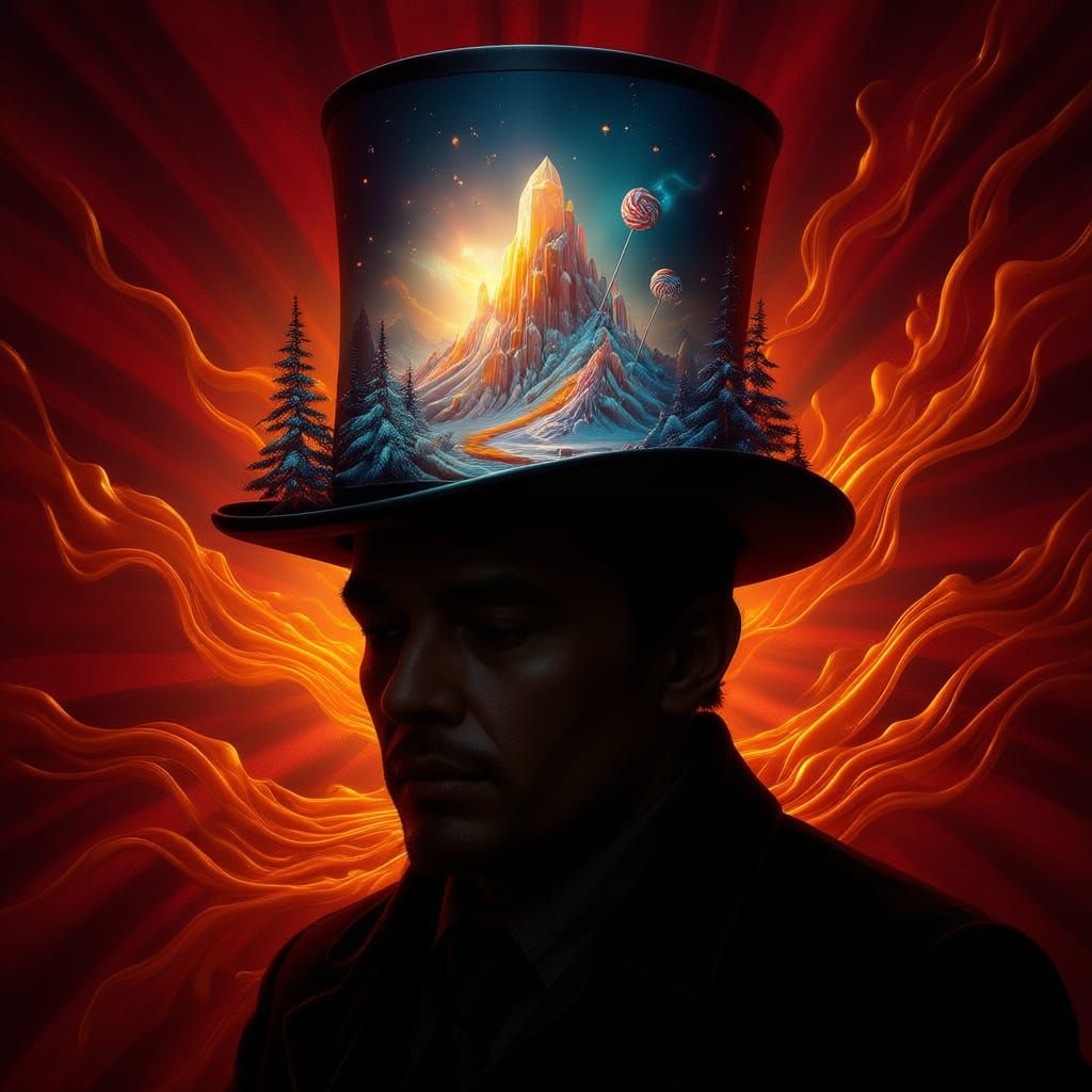 Man's Silhouette with Steampunk Hat & Mountain Landscape