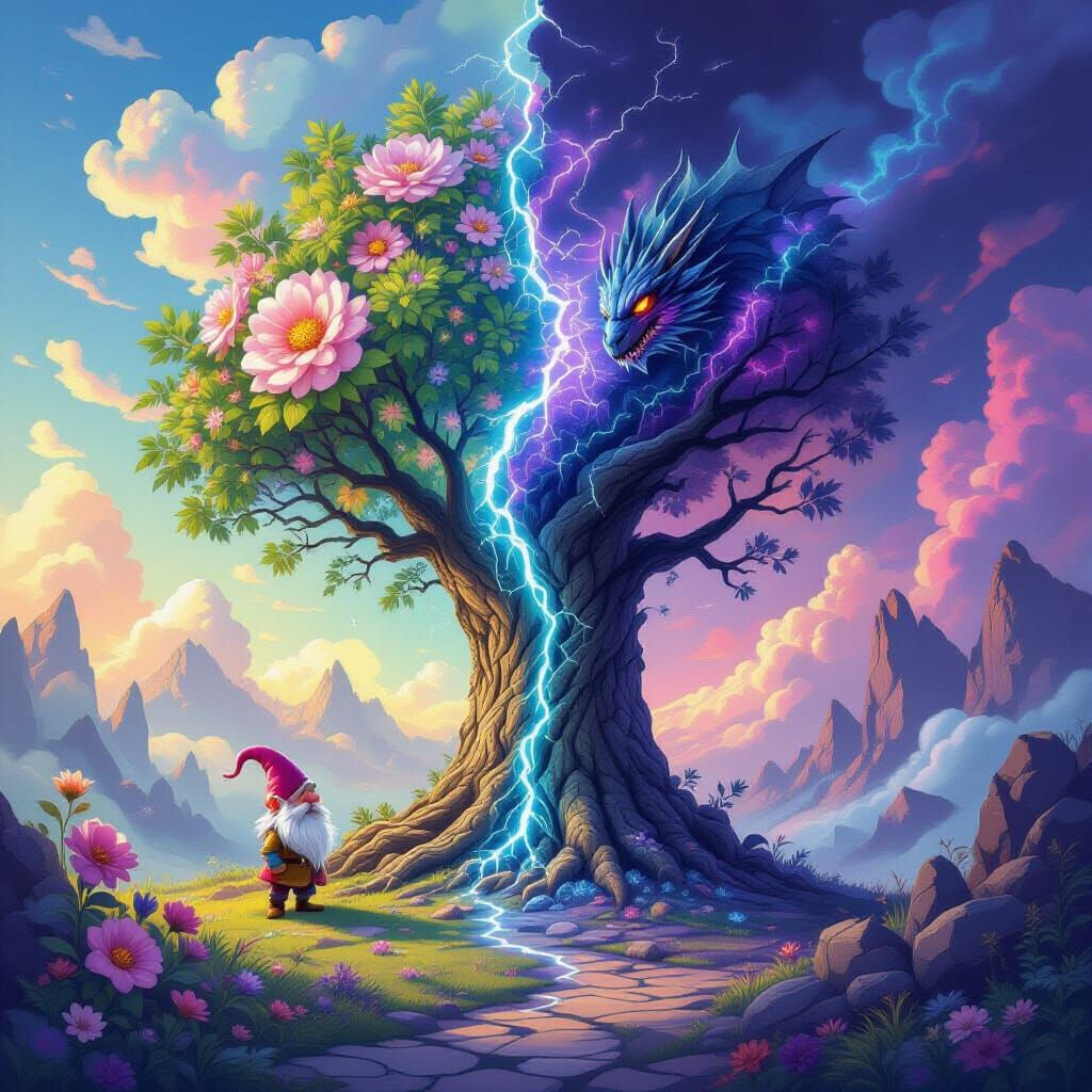 Gnome and Dragon Split Tree in Prismatic Pastel