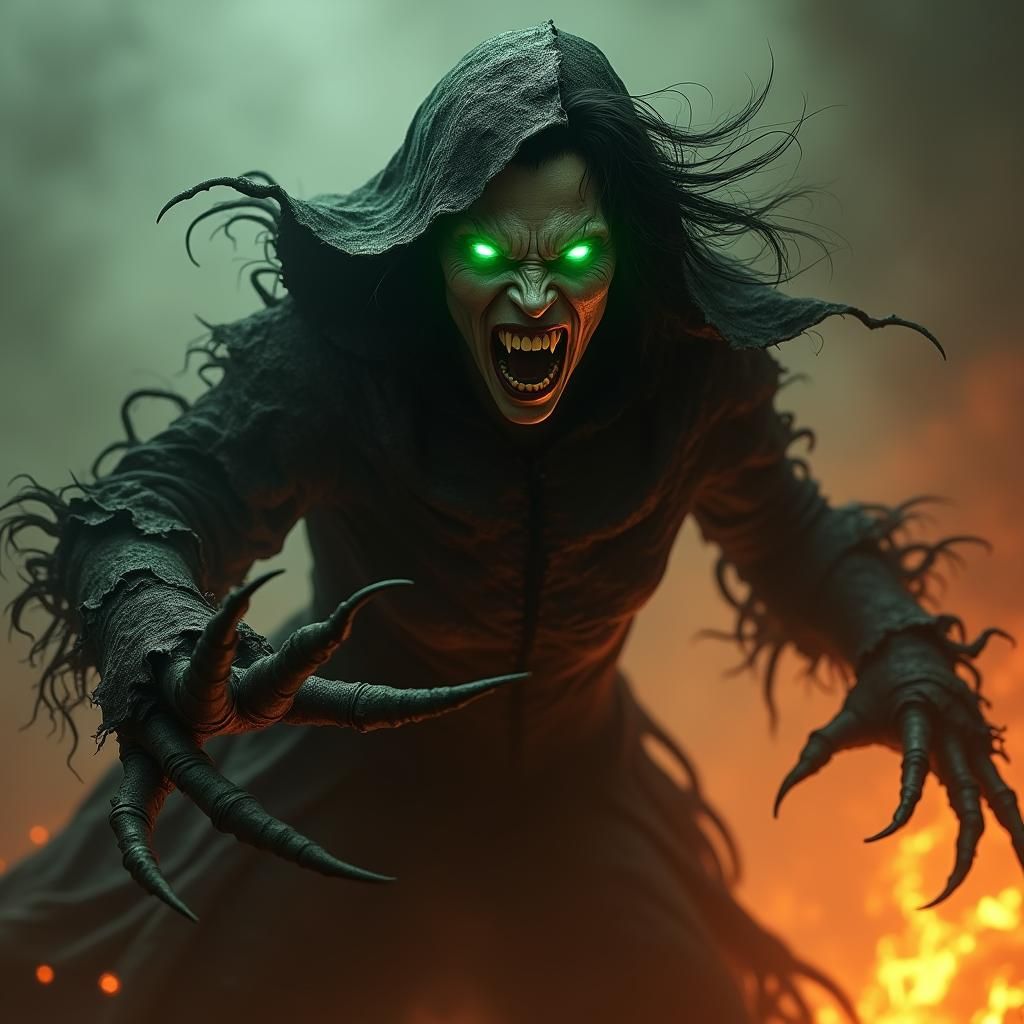 Fierce Witch in Fiery Mist, Fantasy Concept Art