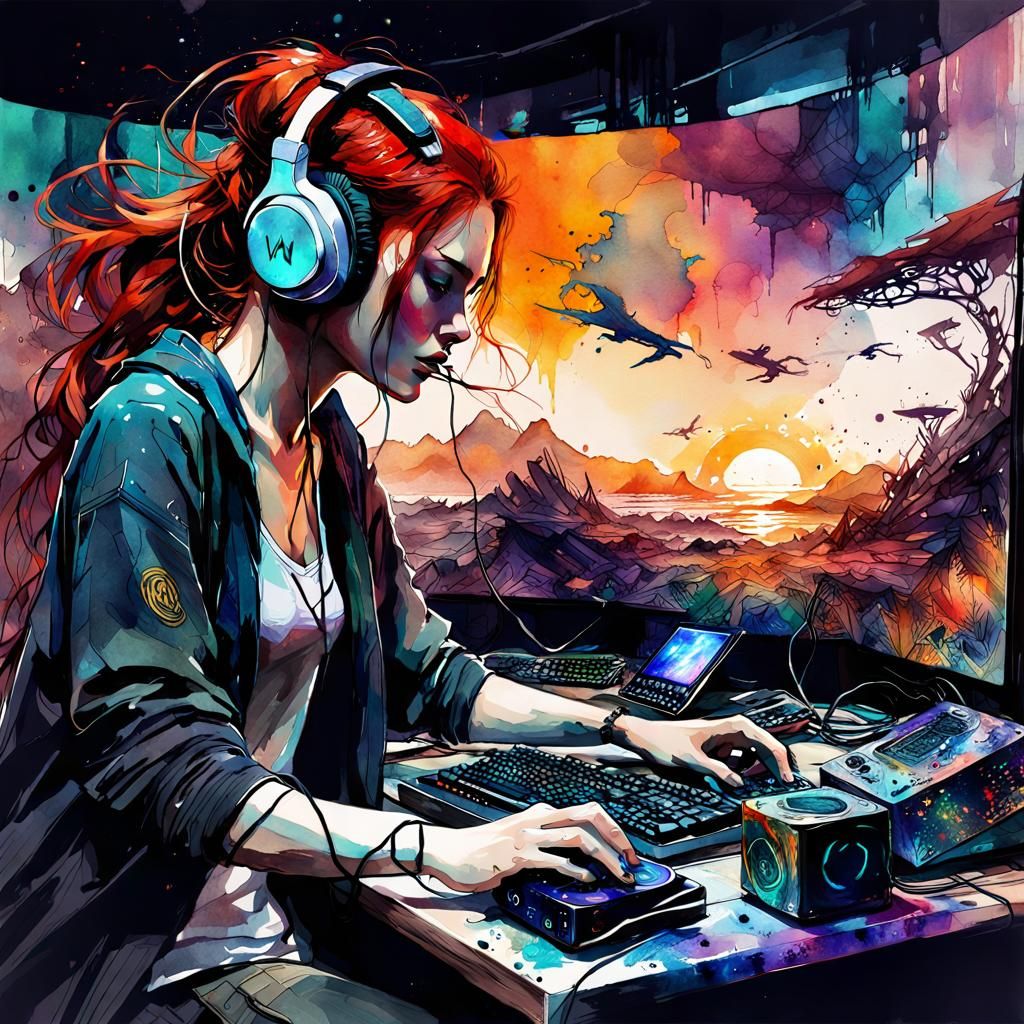 Redhead Gamer with Futuristic PC Setup in Watercolor