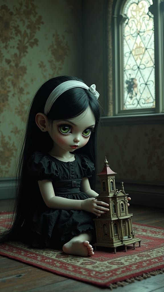 Ethereal Gothic Horror Scene: Pale Girl Plays with Dollhouse