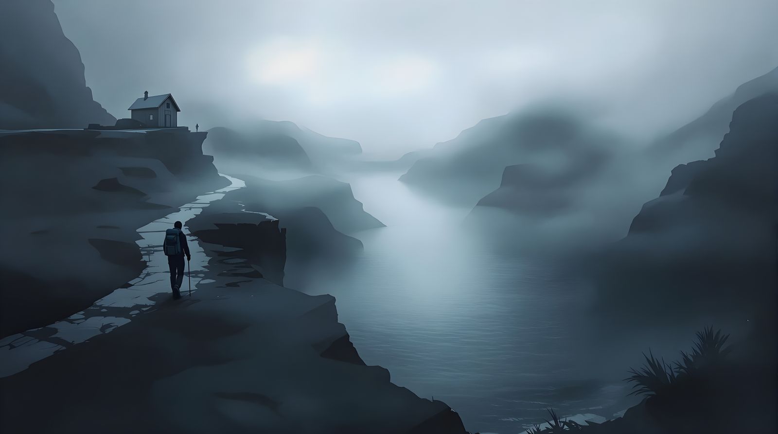 Misty Fjord Landscape with Lone Hiker