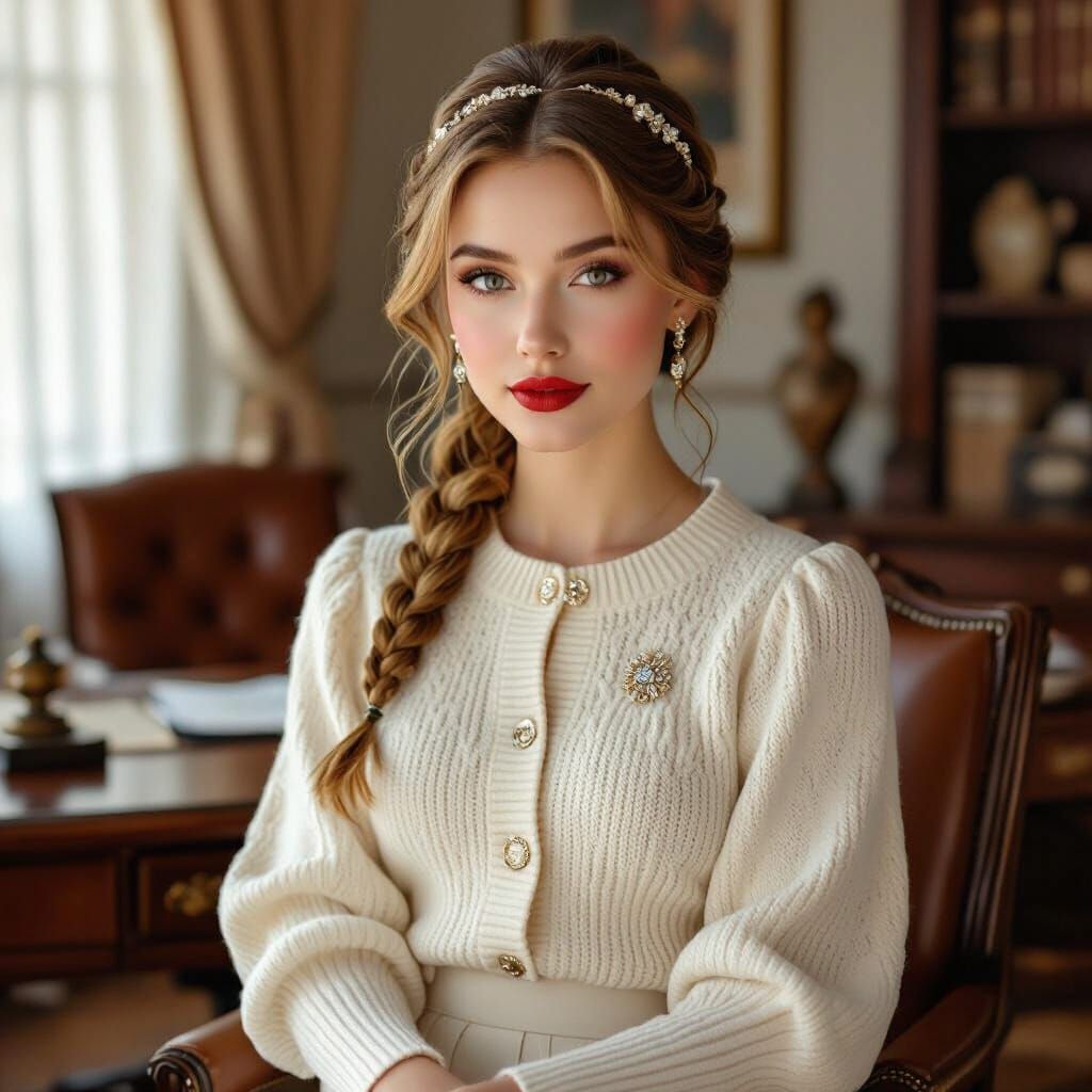 Elegant Woman in Knitted Cardigan with Braided Hair