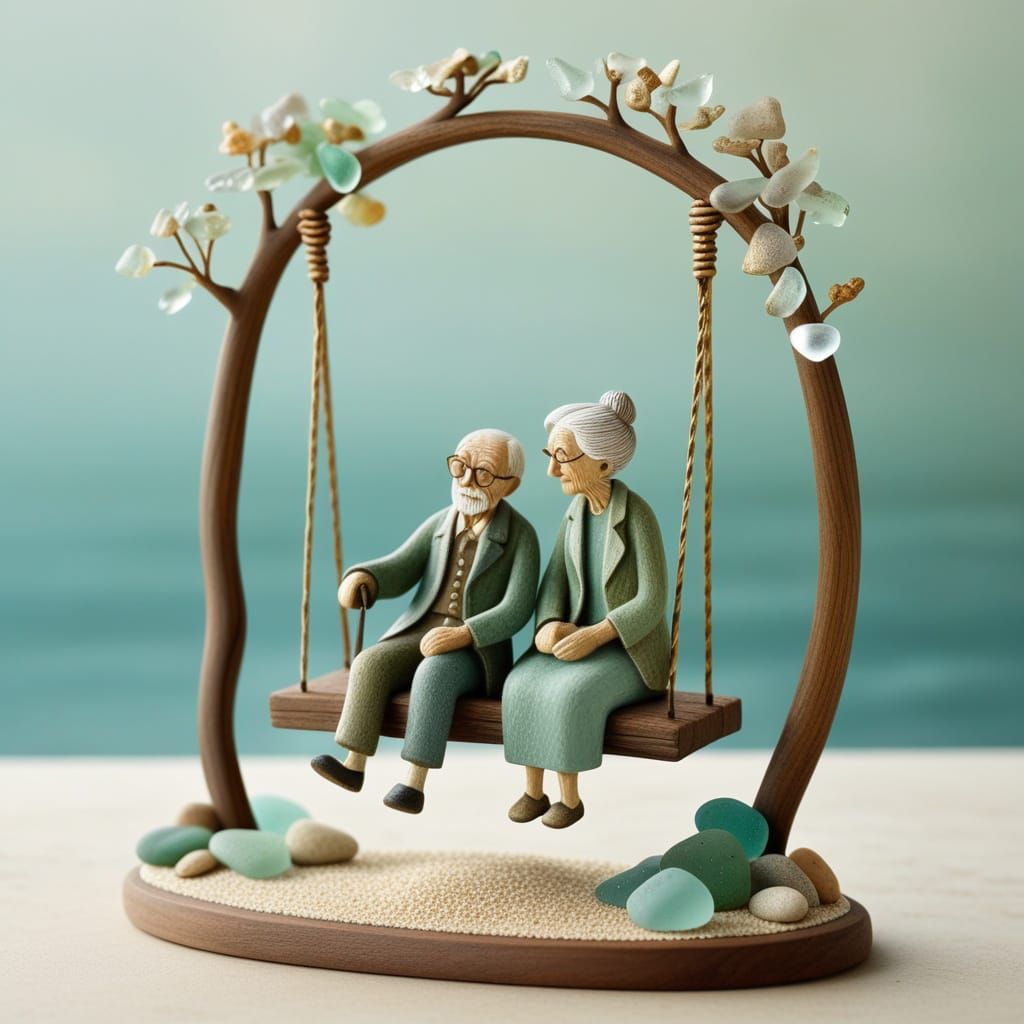 Sea Glass Sculpture of Elderly Couple Swinging