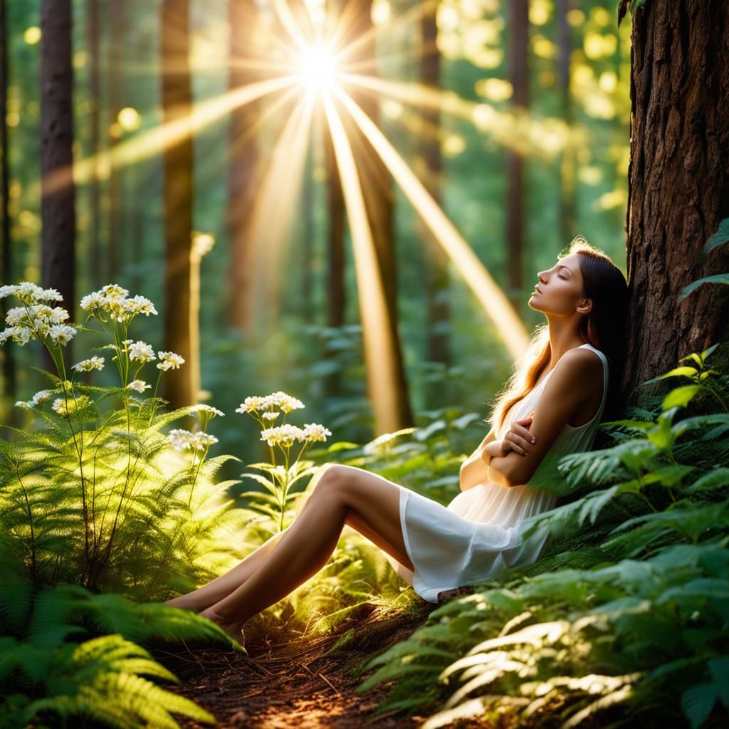 Peaceful Forest Scene with Relaxed Woman in Golden Hour