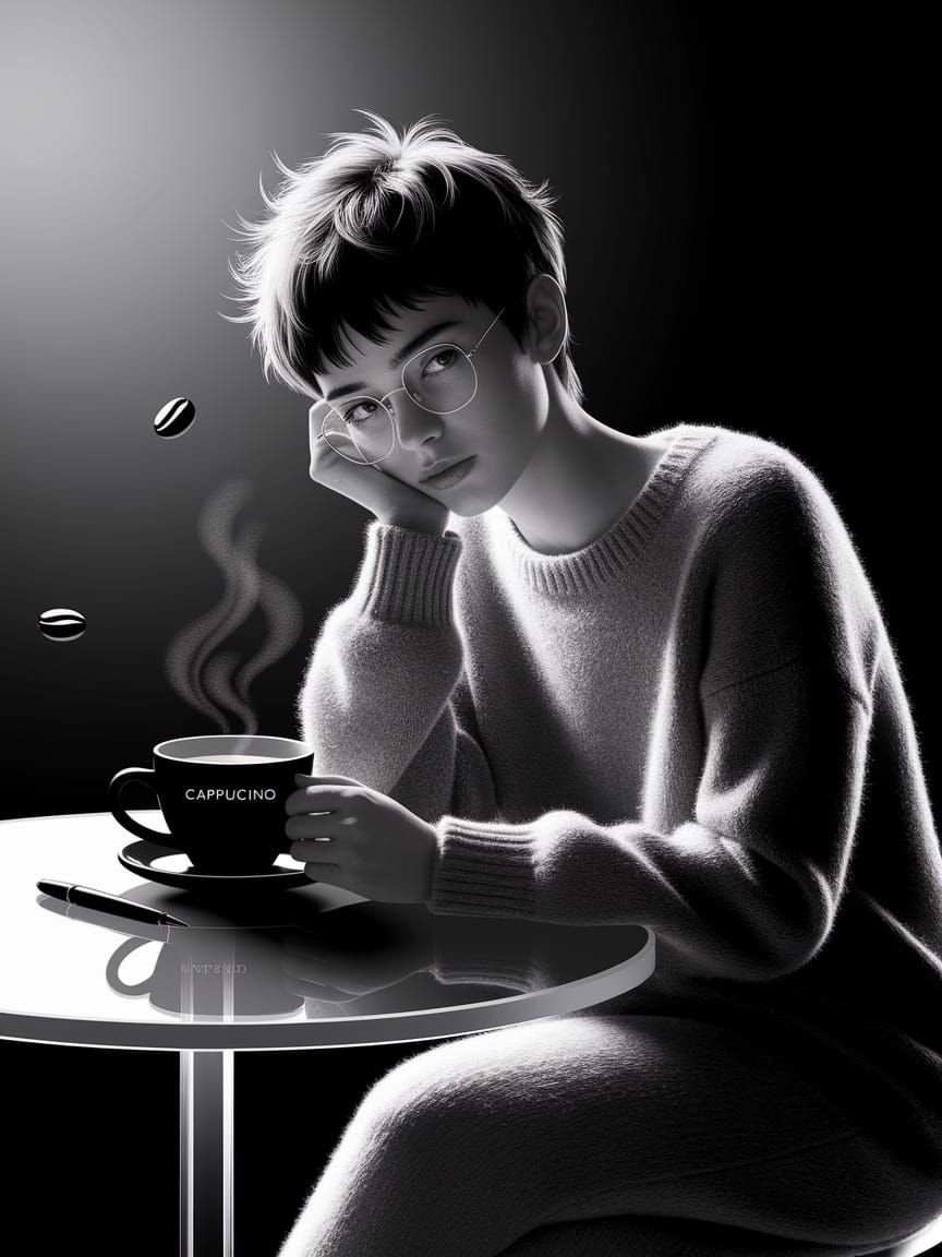 Woman with Cappuccino: Black and White Stencil Art