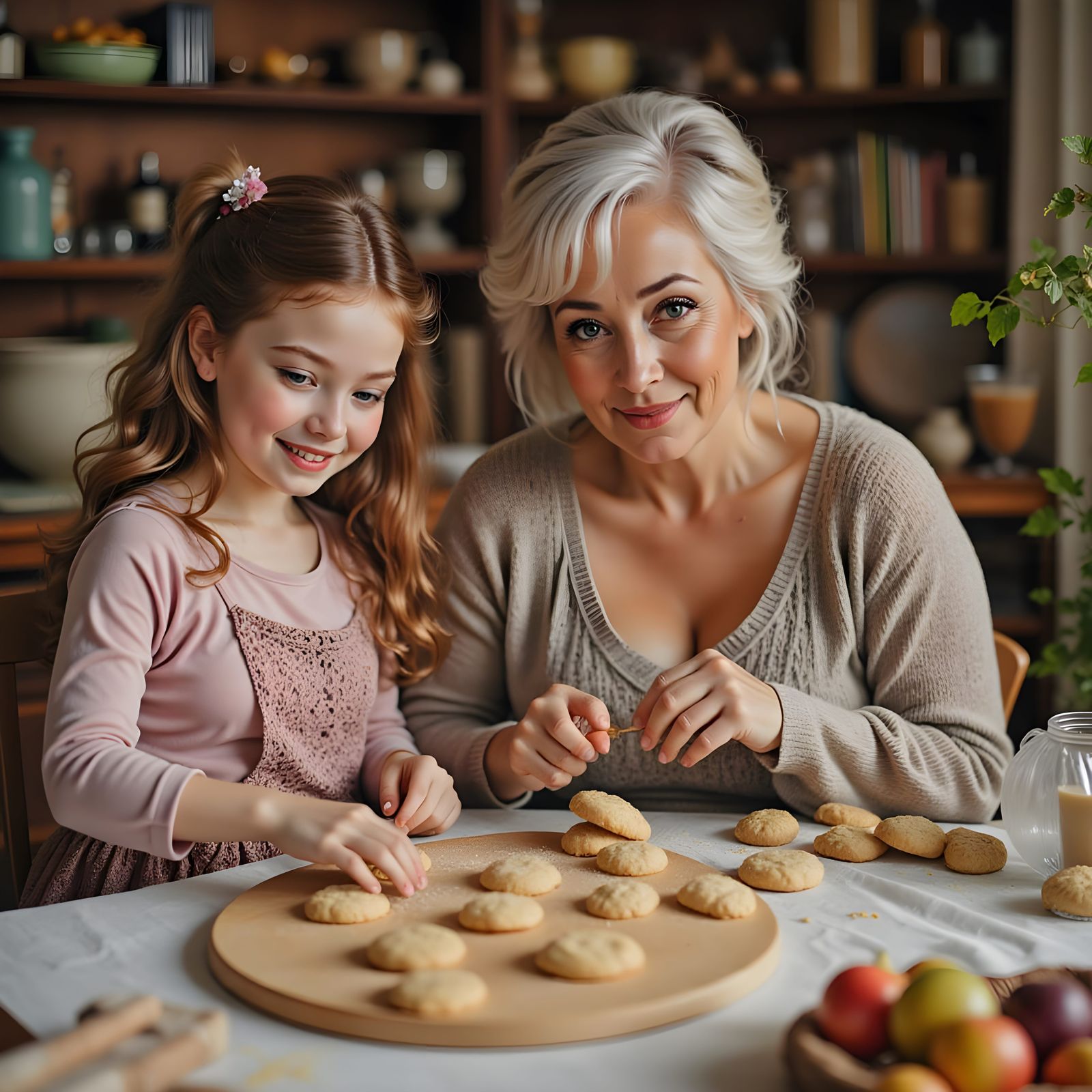 Grandmother and Granddaughters Bake Cookies Together in Warm...