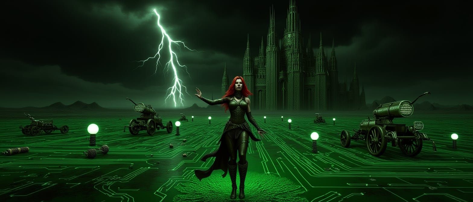 Steampunk Warrior Woman Commands Circuit Board Landscape Sto...