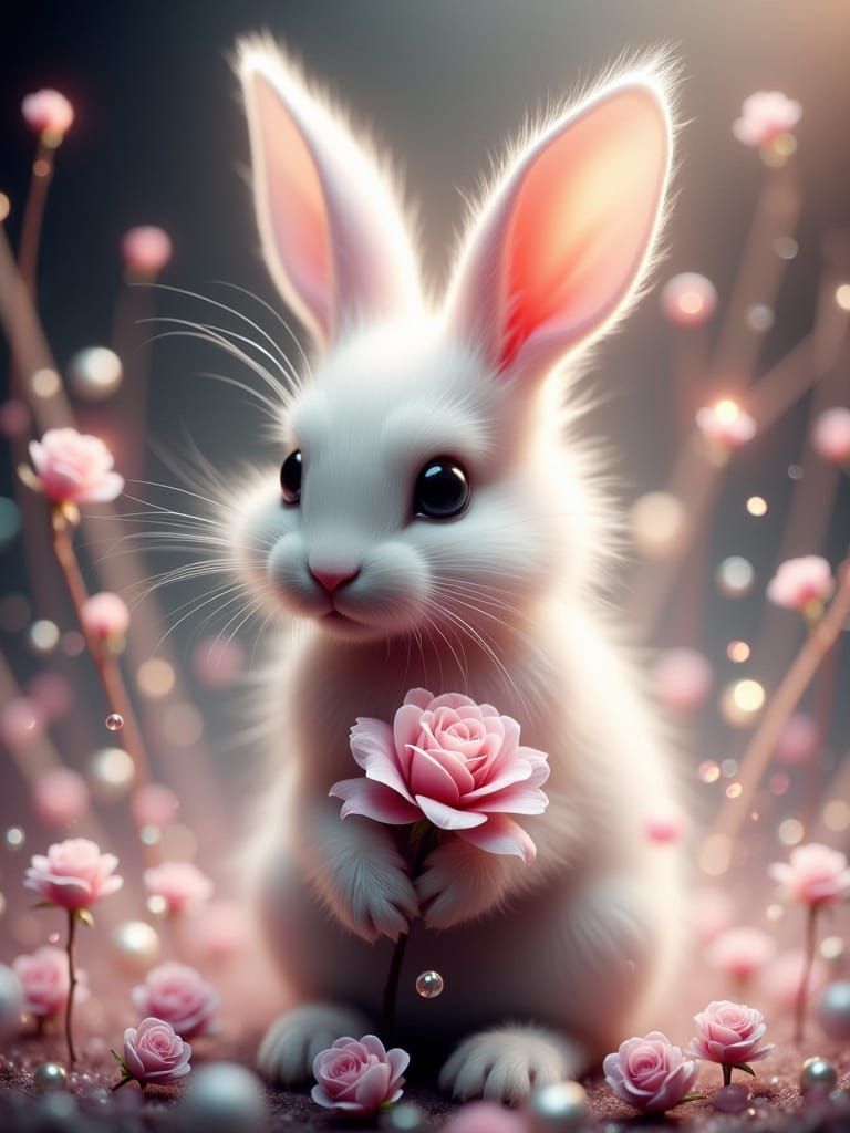 Pink Rabbits with Rose in Dreamy Light