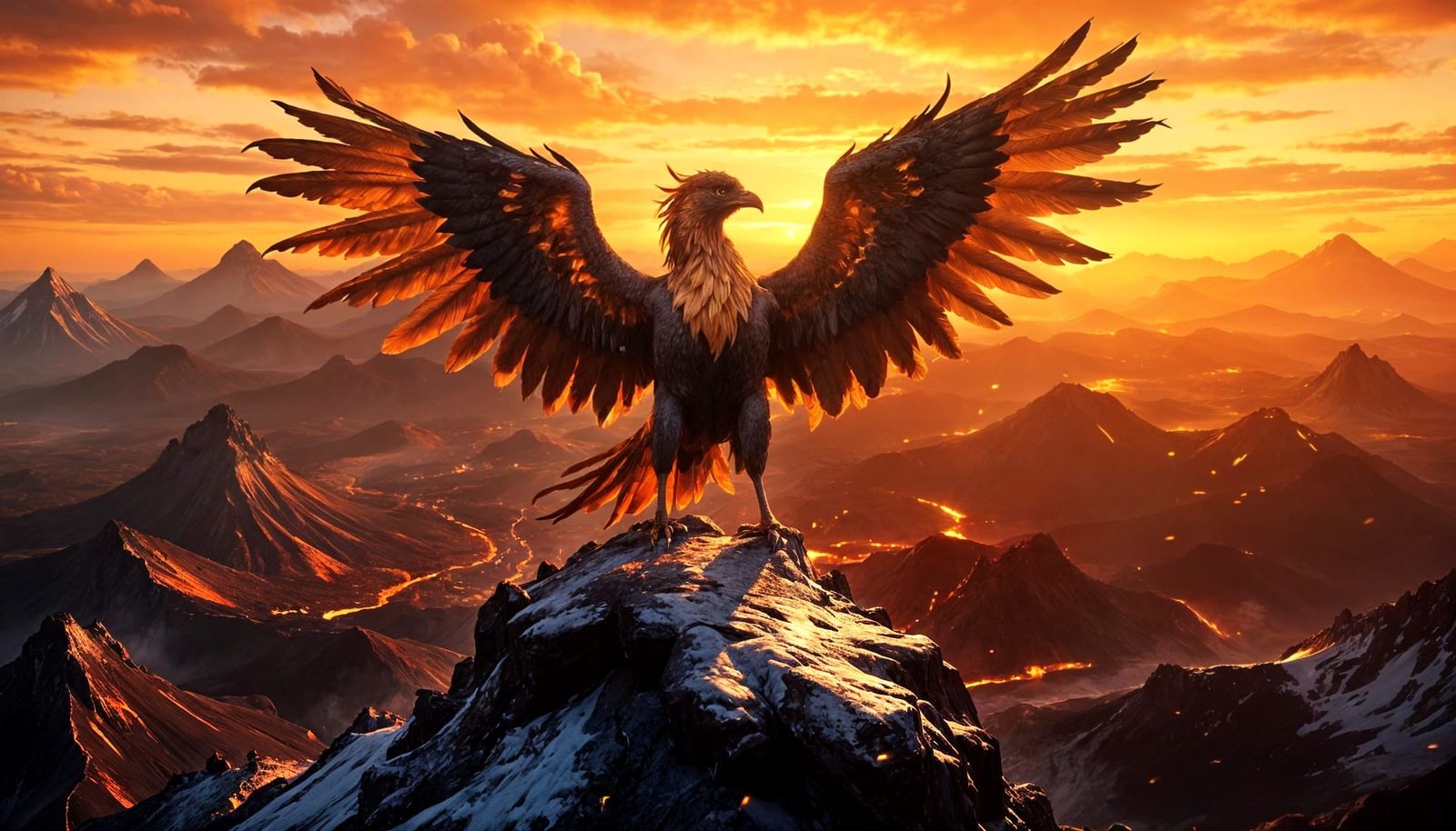 Majestic Phoenix Soars on Lava Volcano Amid Sunset Hues in C...
