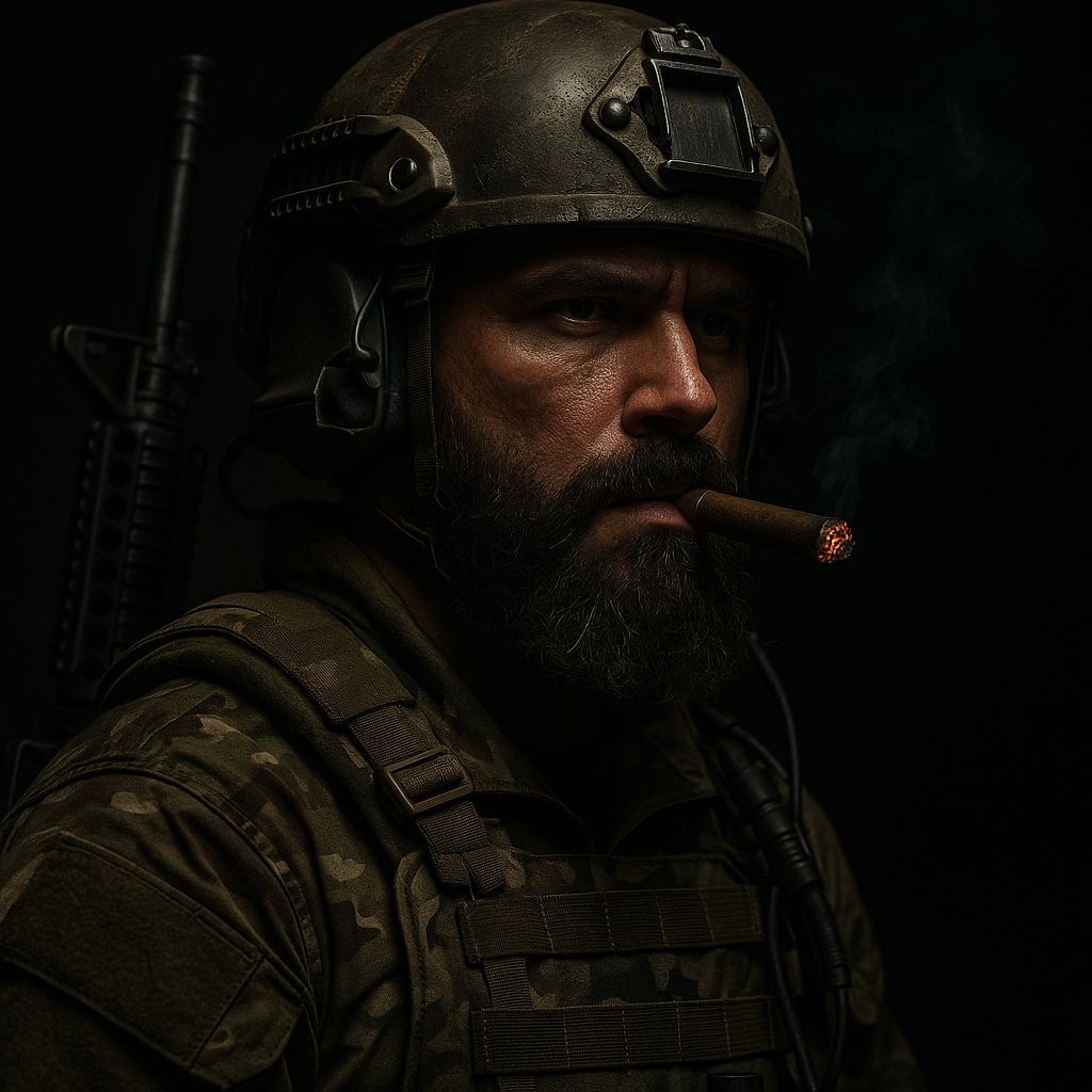 Dark Portrait of a Bearded Soldier Smoking a Cigar