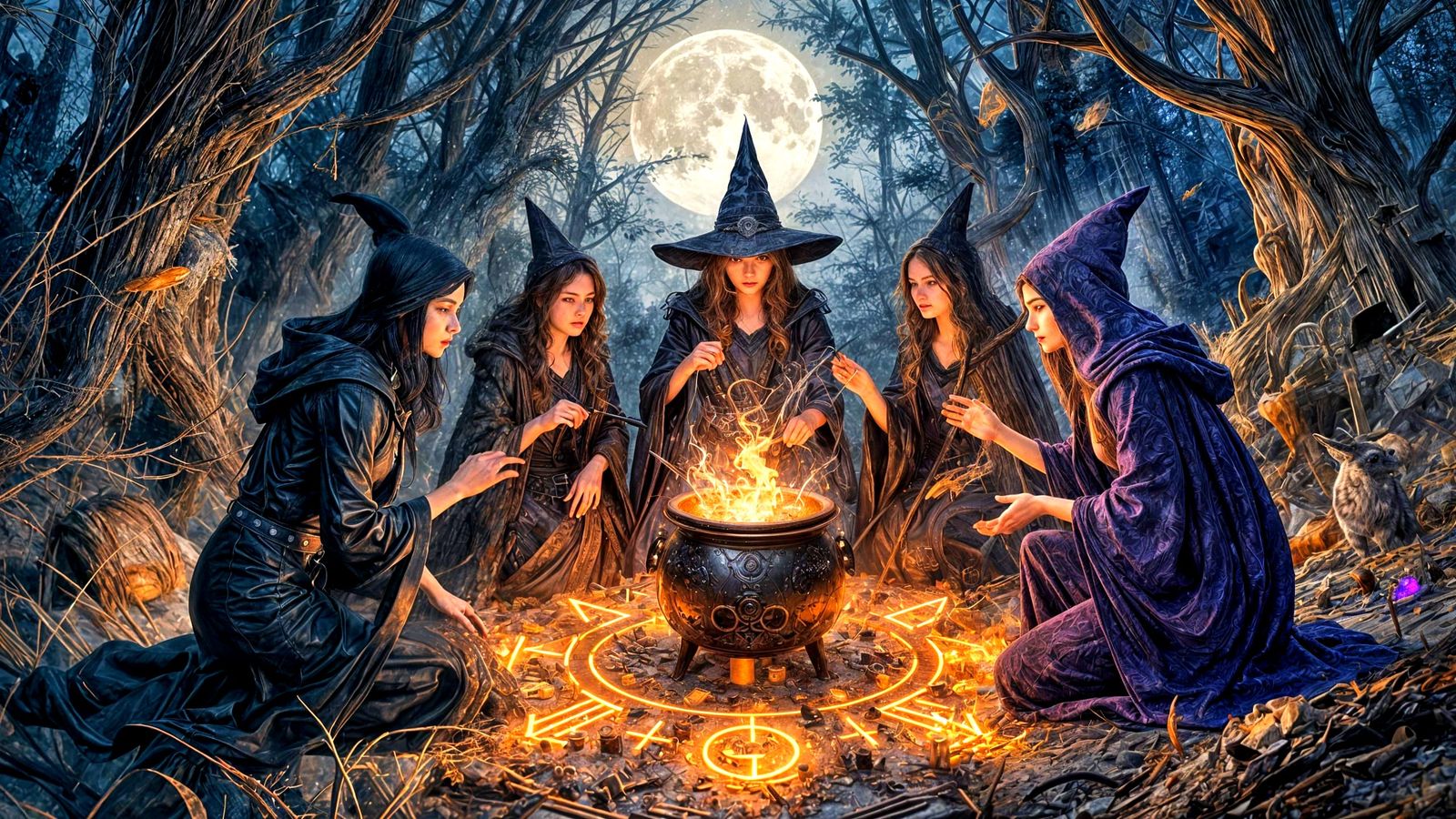 Witches Ritual in Moonlit Clearing Watercolor Painting