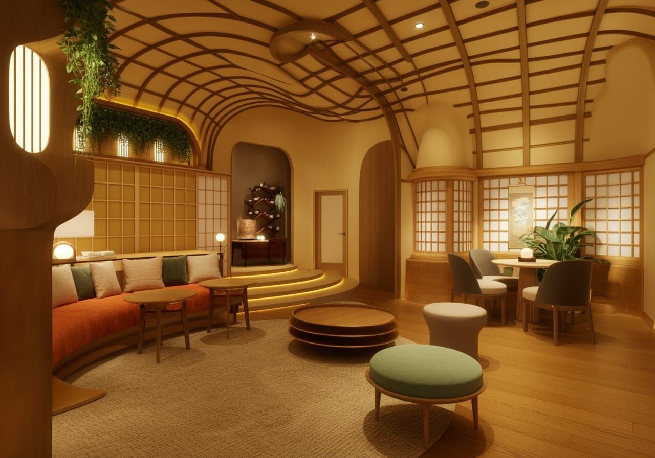 Japanese Interior with Rounded Architecture in Organic Style