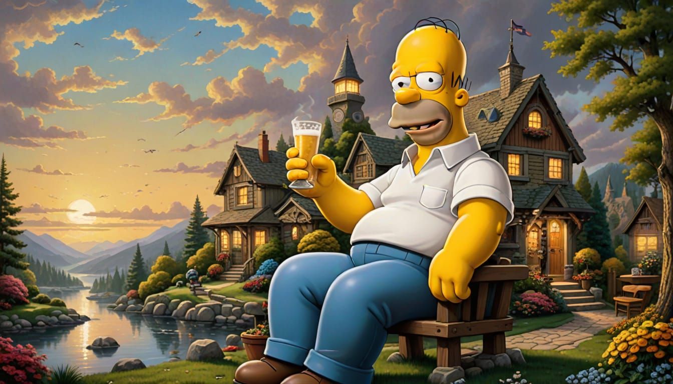 Homer Simpson in Thomas Kinkade's Painter of Light Style
