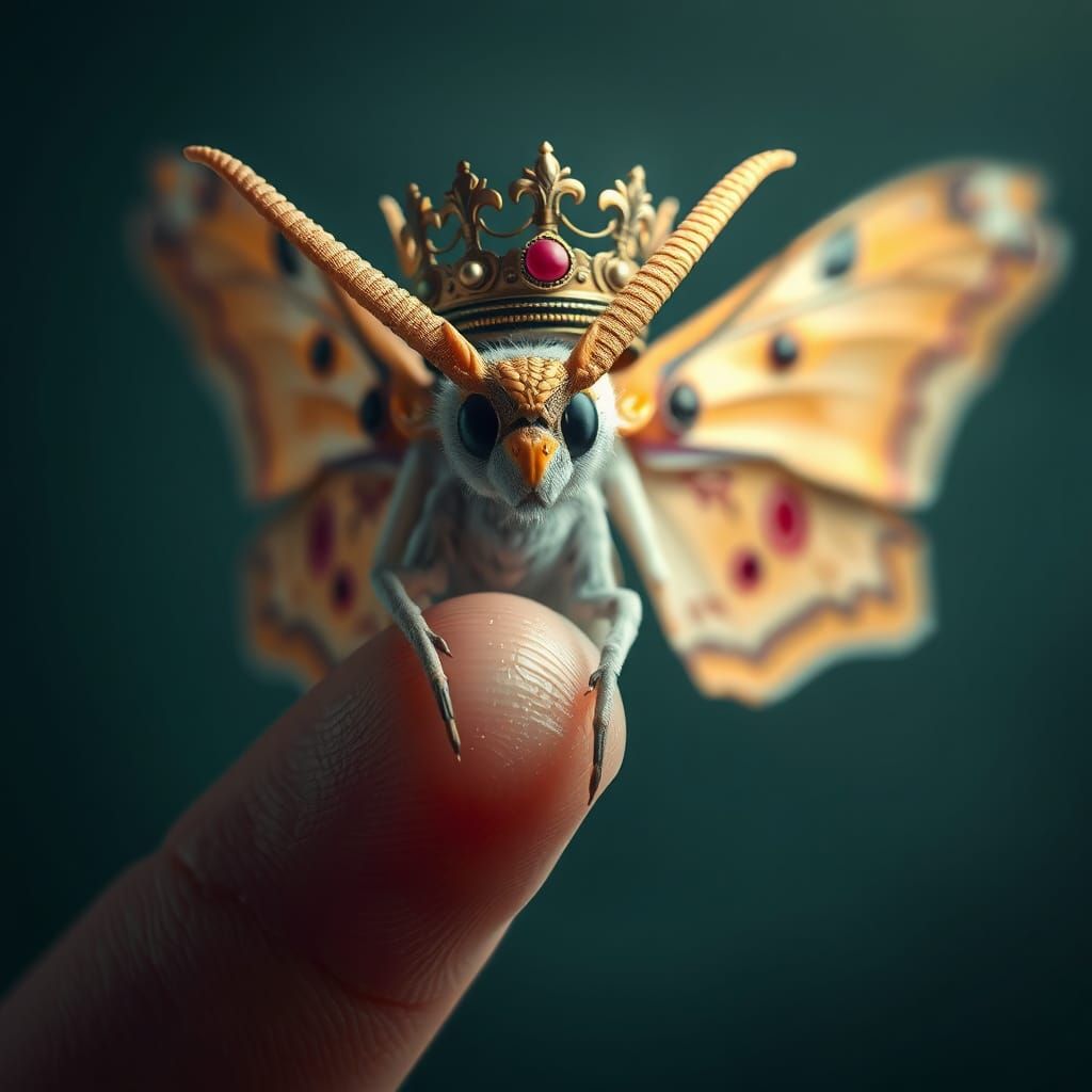 Crowned Moth on Finger in Whimsical Style