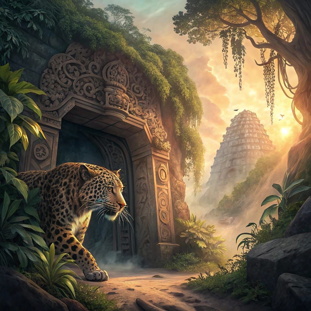 Jaguar Emerging from Sacred Cave in Vibrant, Baroque-Inspire...