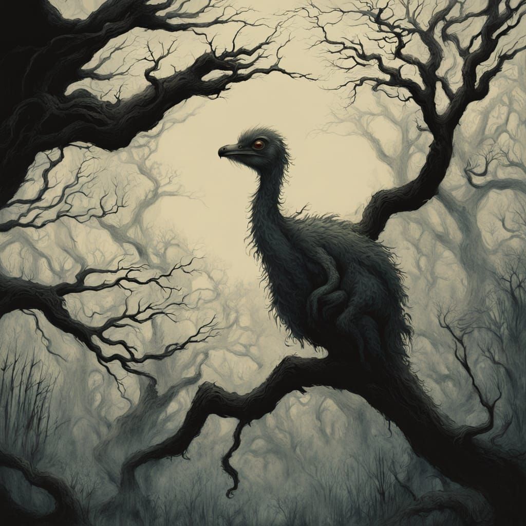 Eerie Emu-Koala Hybrid Illustration as Oil Painting