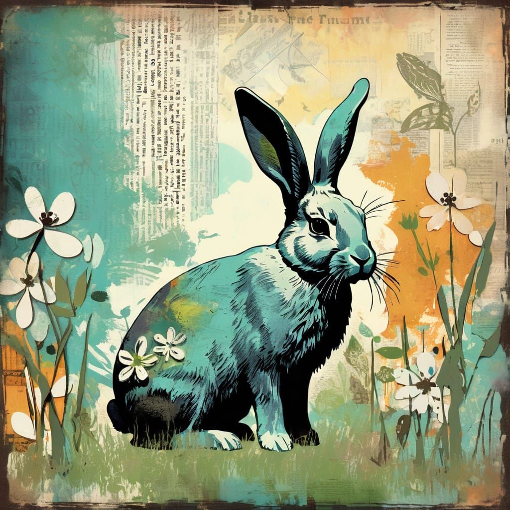 Ethereal Blue Bunny in Distressed Typeset Scene