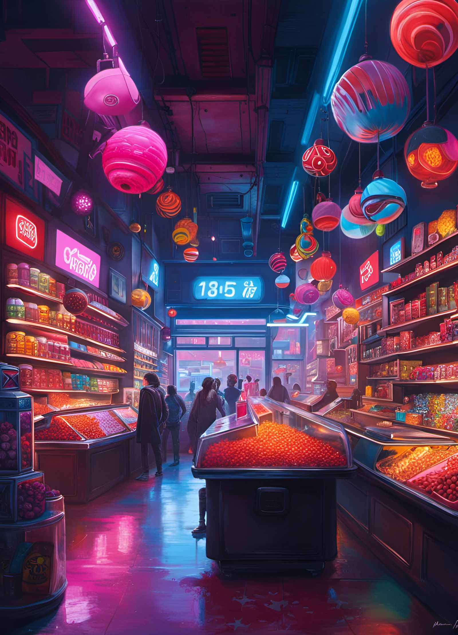 Cyberpunk Candy Shop with Robot Shopkeeper