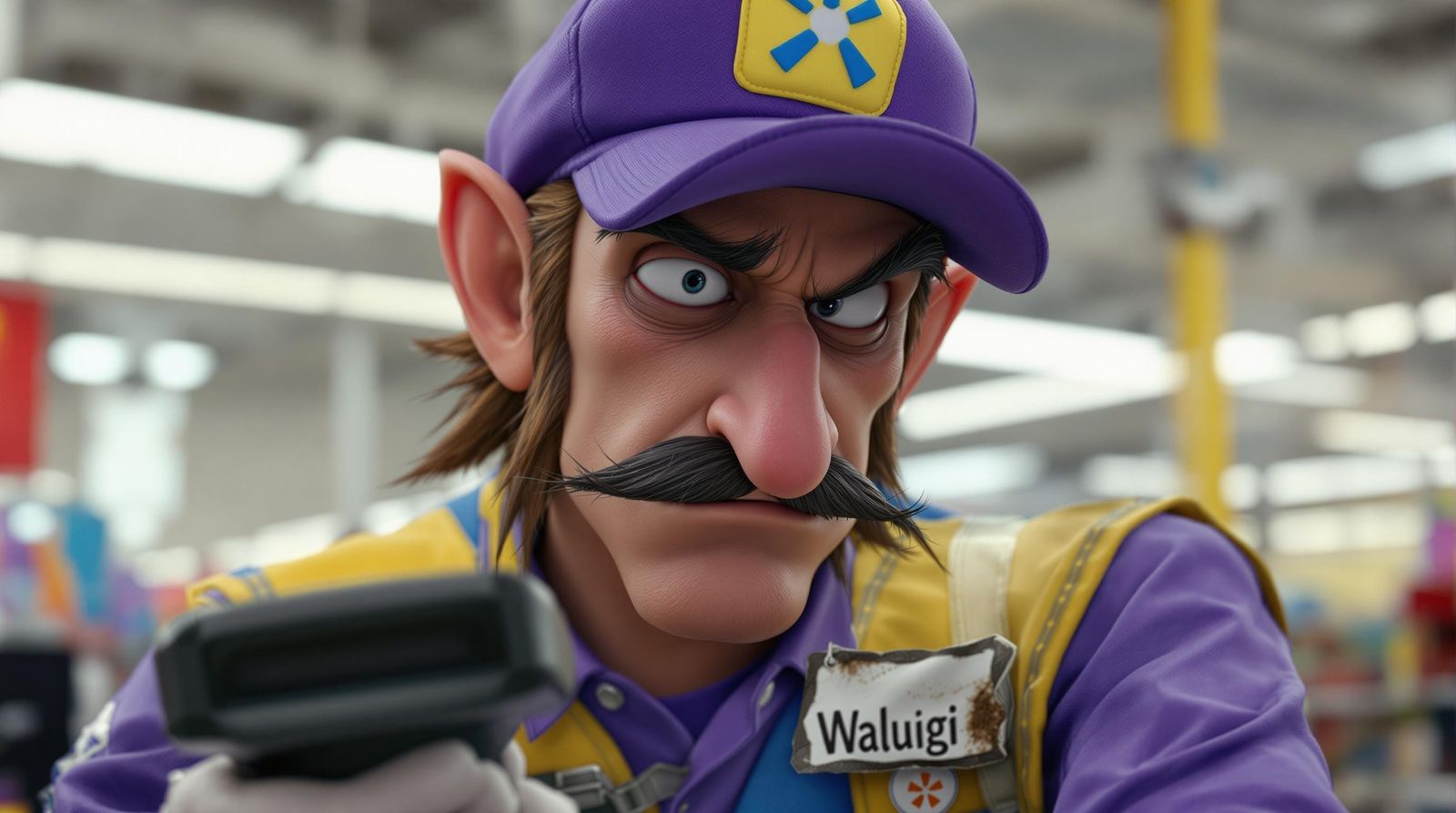 Waluigi Behind the Retail Counter