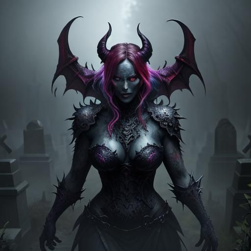 Voluptuous Demon in Mist-Filled Cemetery: Hyperrealistic Art