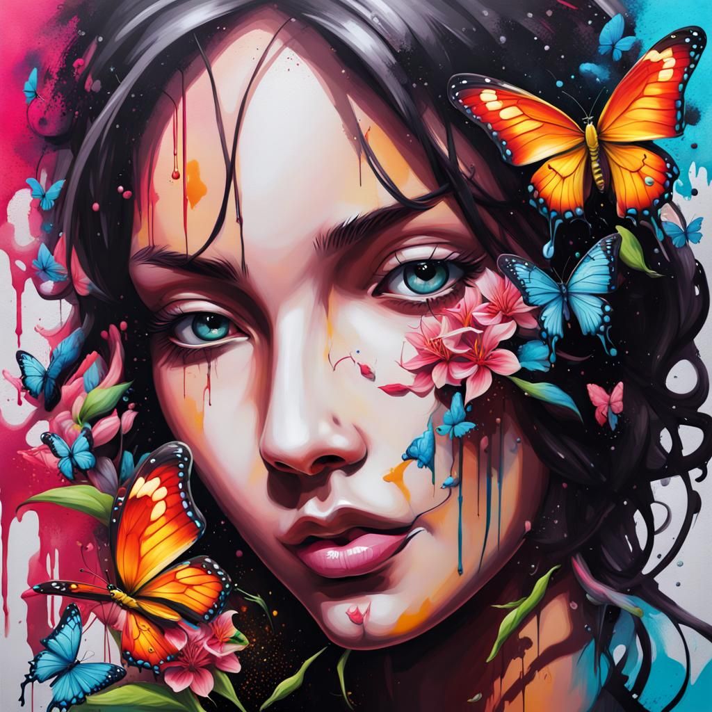 Butterfly and Honeysuckle in Graffiti Art Style