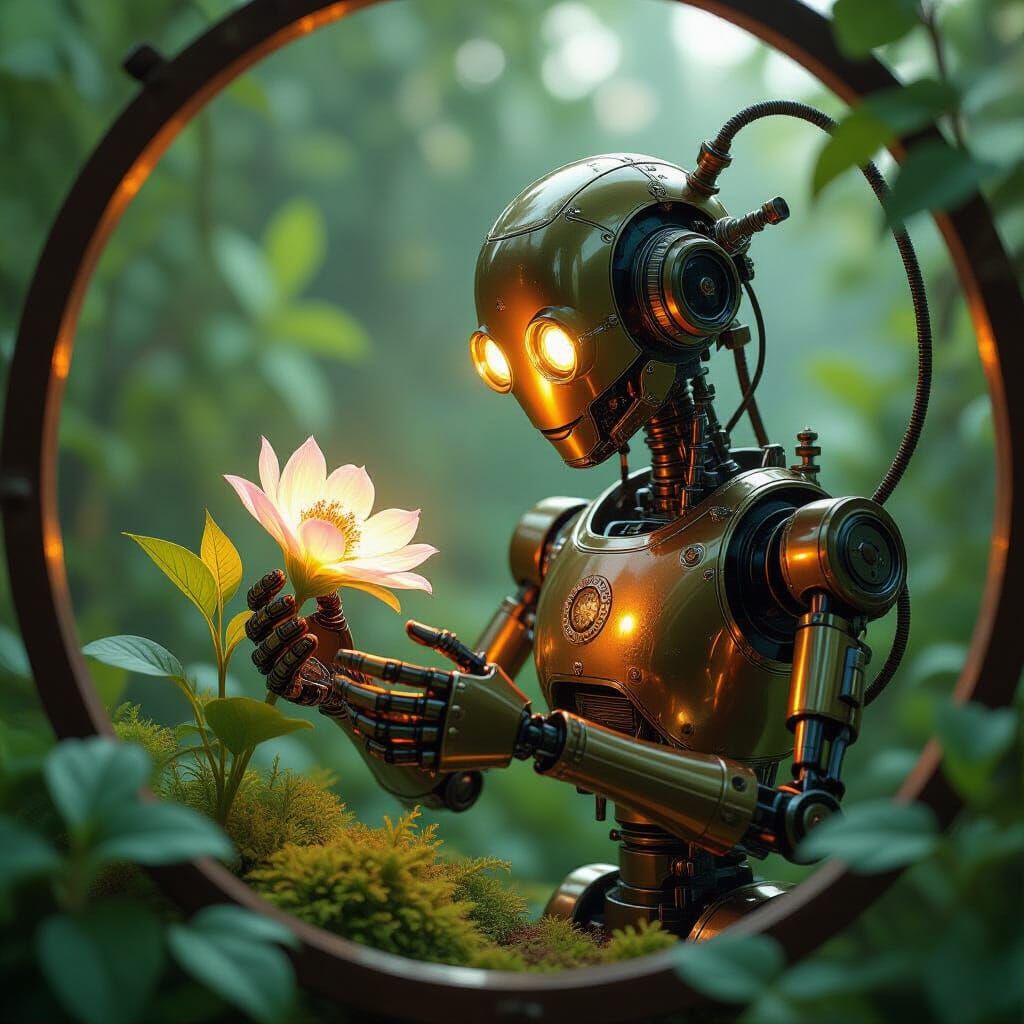 Victorian Robot Pruning Bioluminescent Flora