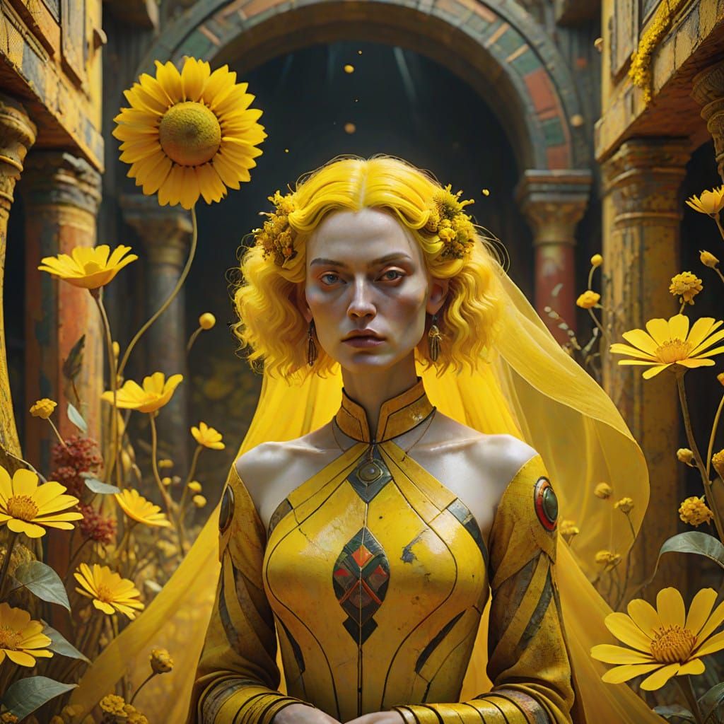 Surreal Yellow Goddess in Dreamlike Landscape