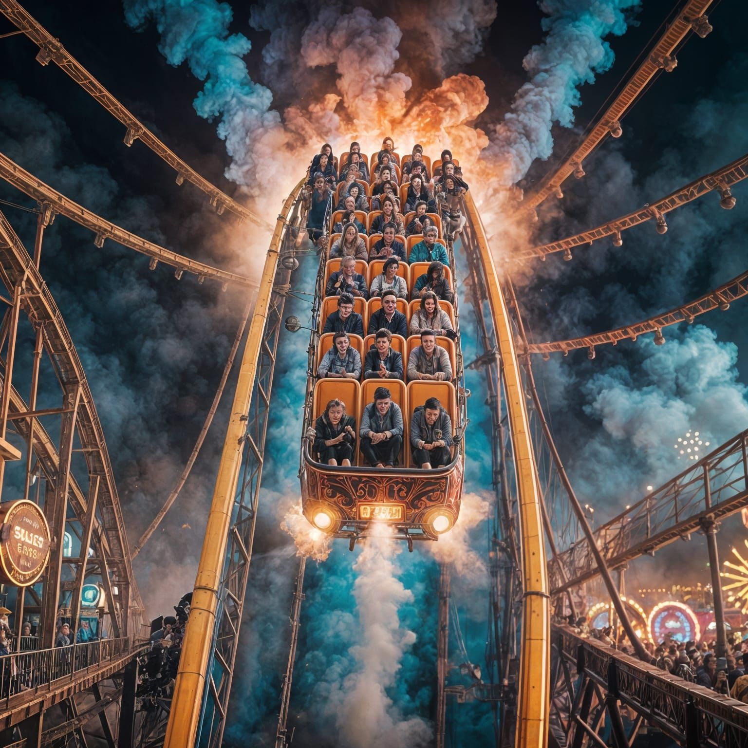 Thrilling Rollercoaster Ride with Terrified Passengers