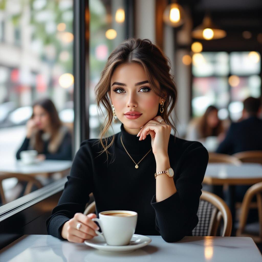 Elegant Woman Enjoys Coffee in Cinematic Cafe Portrait