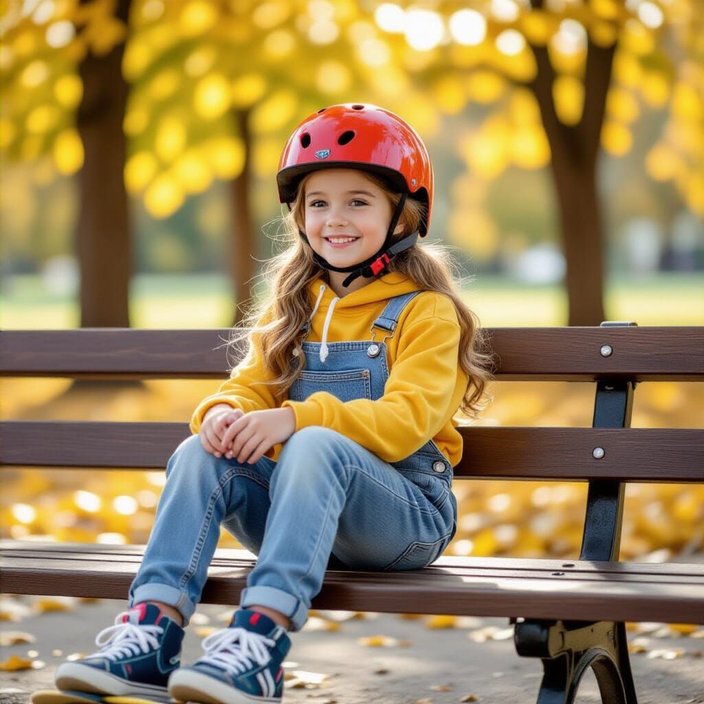 Young Girl with Skateboard on Park Bench