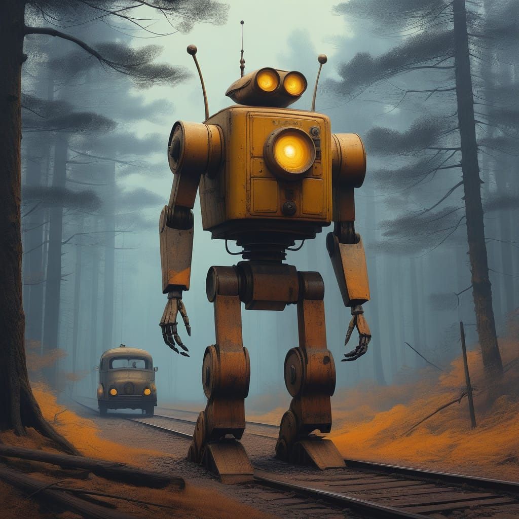 Rusty Steampunk Robot in Warm Orange Light