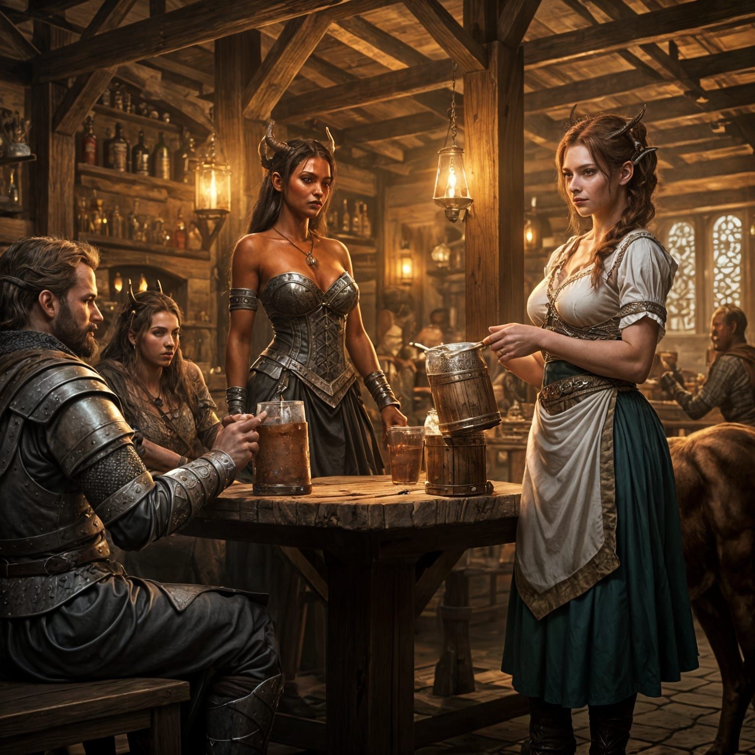Centaur Bartender Serves Fantasy Tavern Patrons