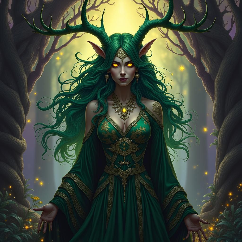 Tiefling Druidess in Mystical Forest with Primal Energy