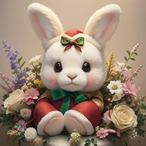 Teddy Rabbit in Santa Outfit Amidst Flowers