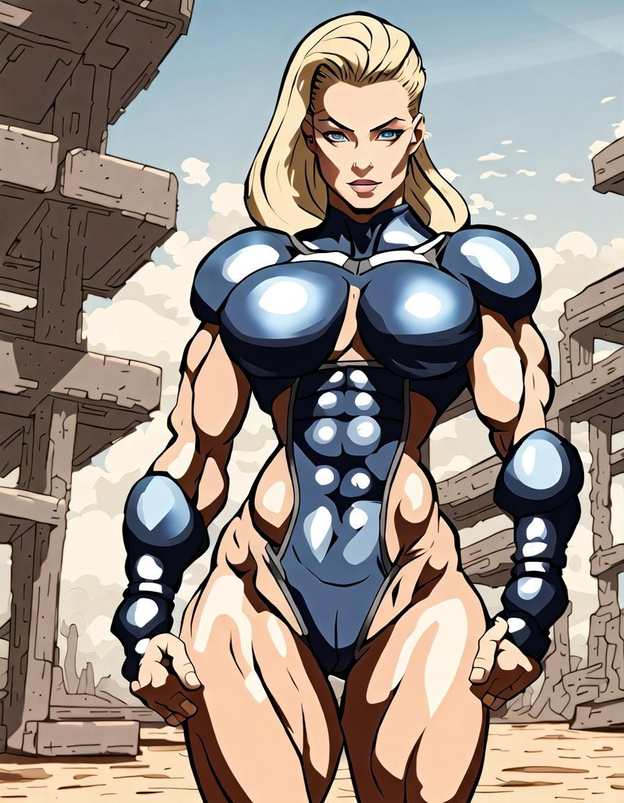 Anime Bodybuilder on Battlefield with Massive Biceps