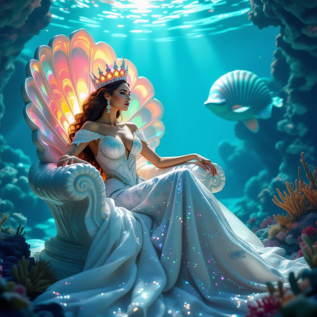 Queen on Seashell Throne in Vibrant Underwater Kingdom