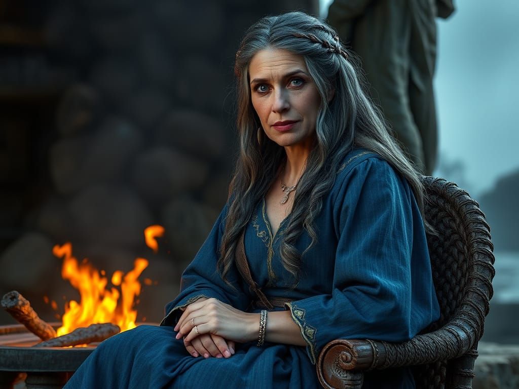 Grey-Haired Druidess Sits Beside a Fire Pit in a Fantastical...