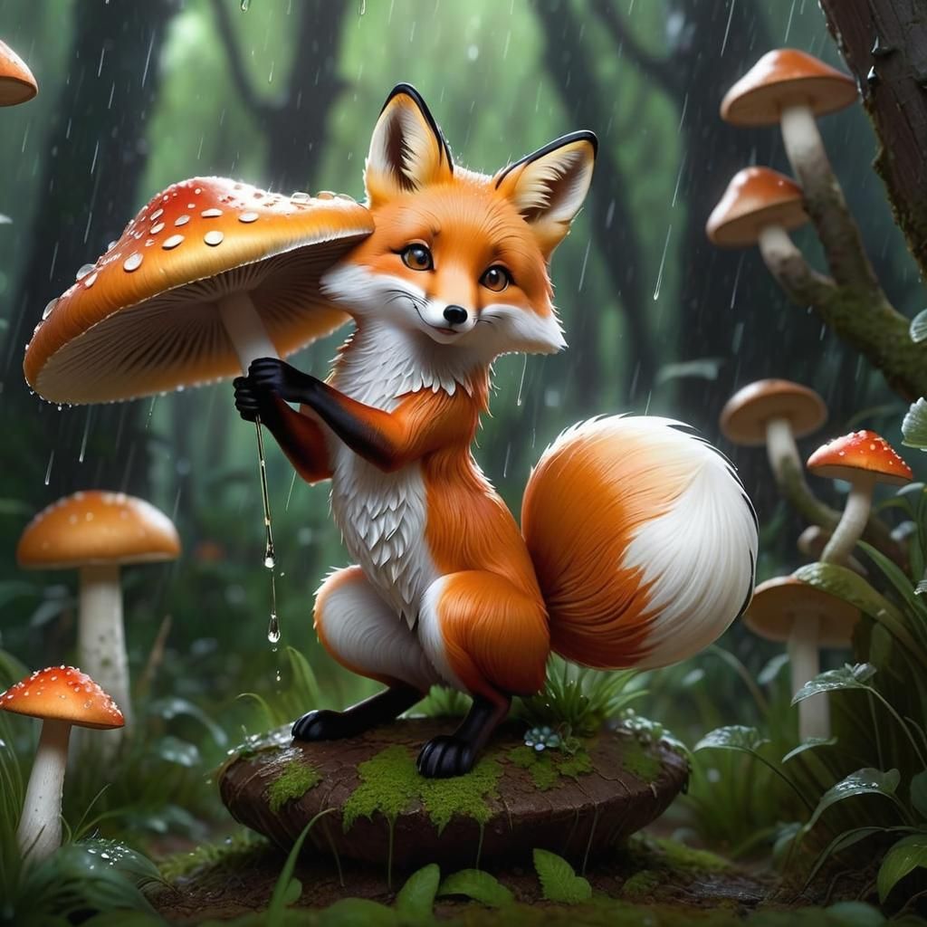 Cute Fox in Rain with Mushroom: Digital Art