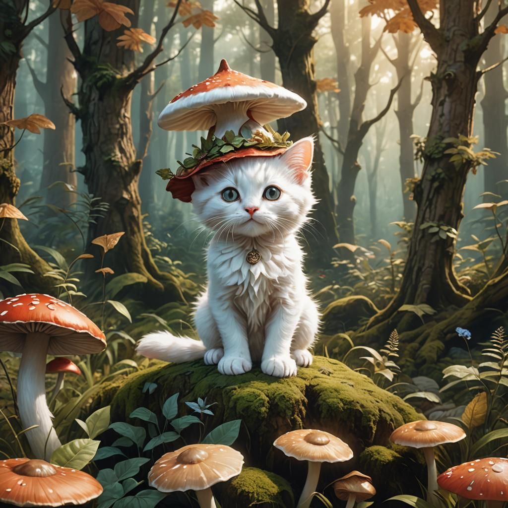 Kitten in Mushroom Hat in Bright Forest