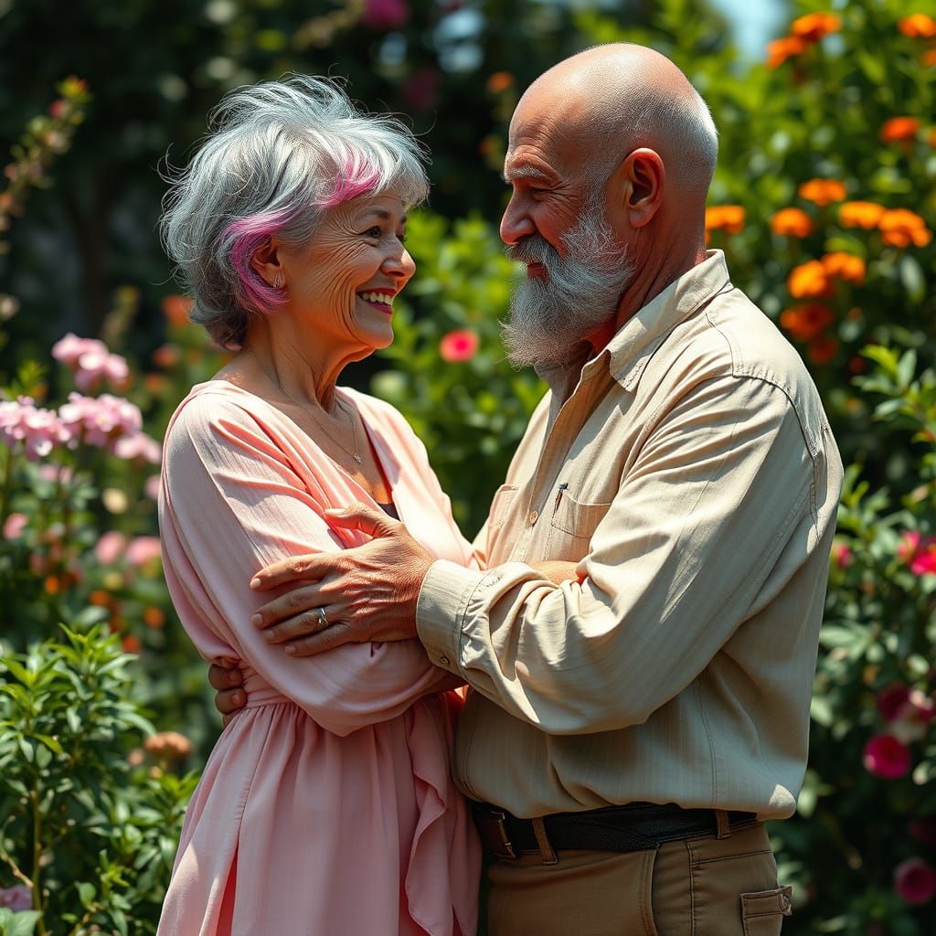 Ethereal Couple Embracing in Lush Garden, Realistic Art