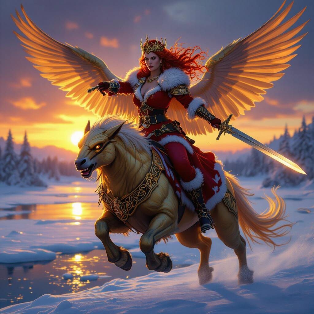 Celtic Warrior Woman in Santa Suit Rides Golden Beast at Sun...
