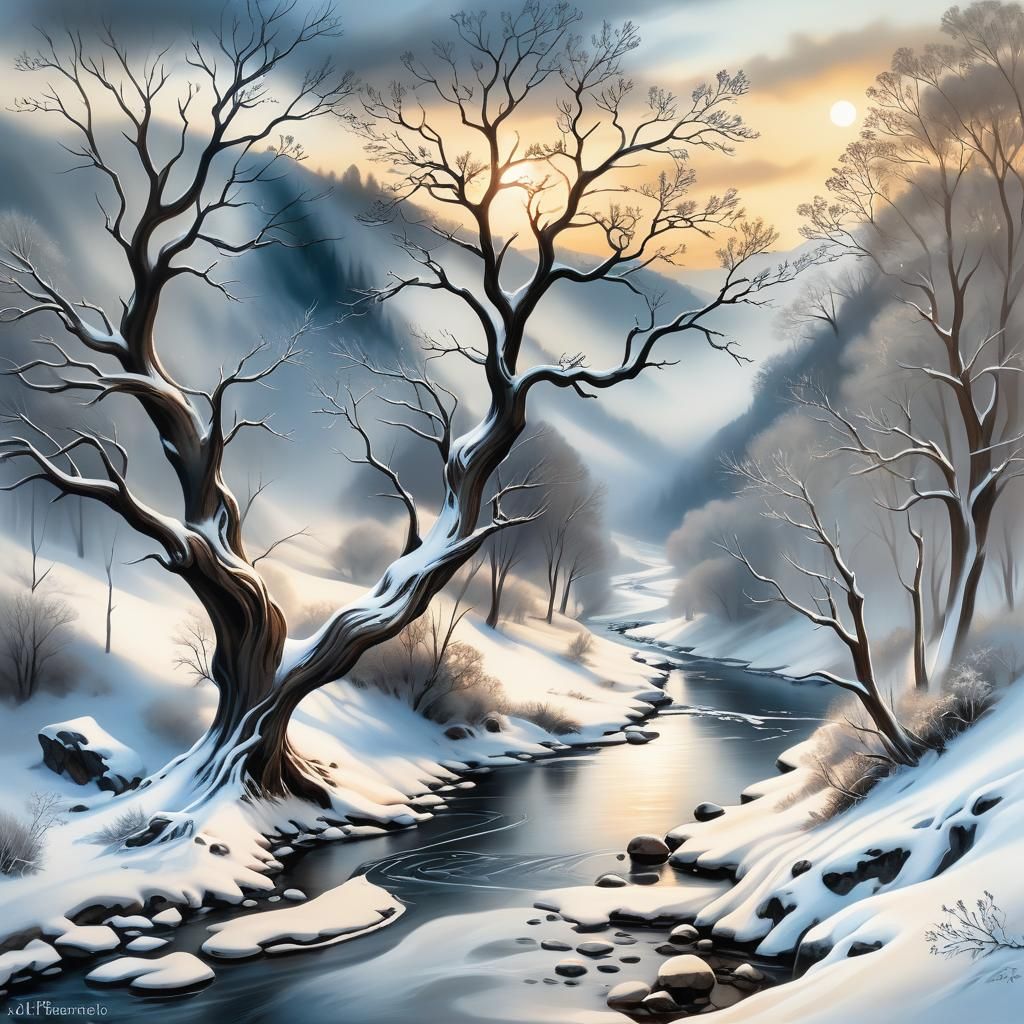 Winter Landscape Charcoal Drawing with Bare Tree