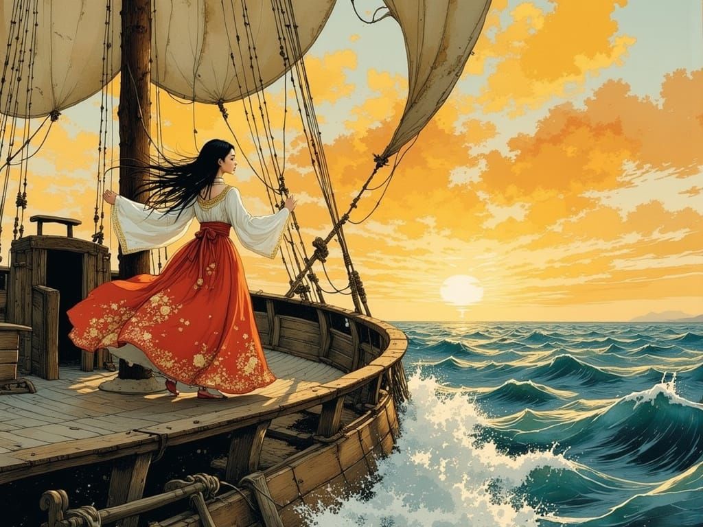 Girl on Sailing Ship in Sunset Haze