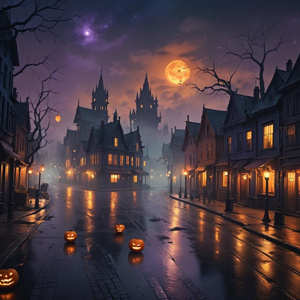 Haunted Cityscape: A Halloween Night Fantasy