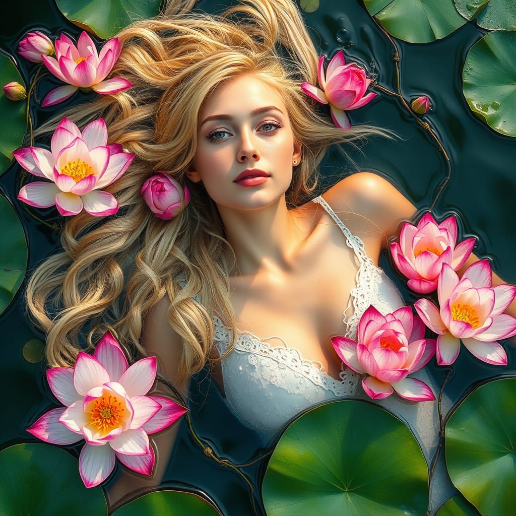 Elegant Blonde Goddess in Lotus Paradise